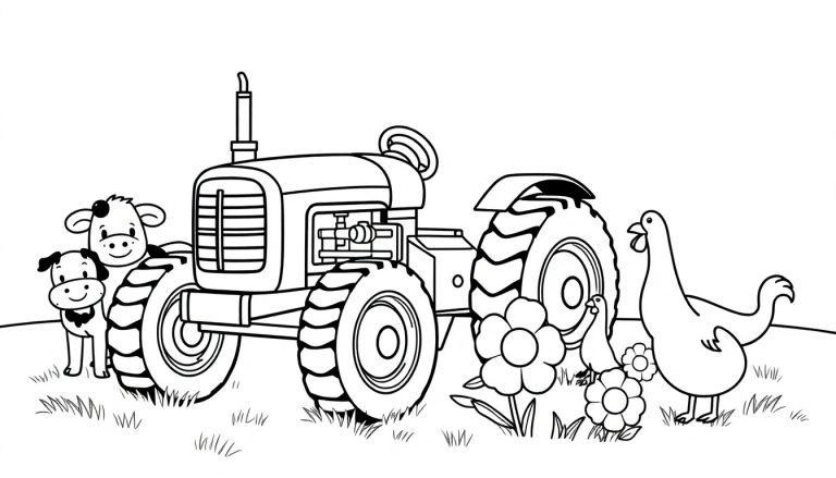 Eine Farbtafel eines Cartoon-Bauernhofs mit einem Traktor, einer Kuh, einem Hund und Hühnern.