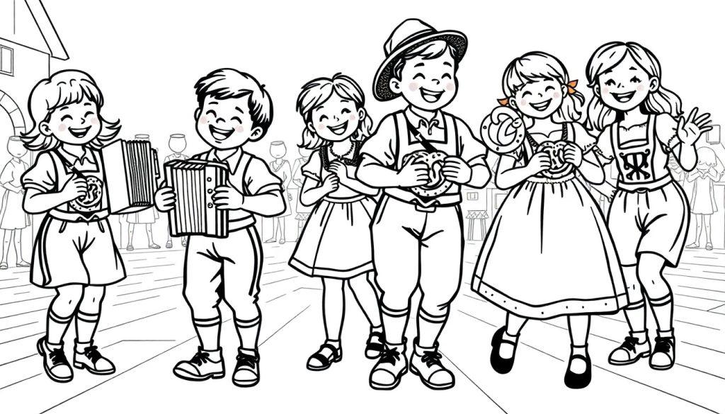 Kinder in bayerischer Tracht beim Ausmalen einer Farbtafel.