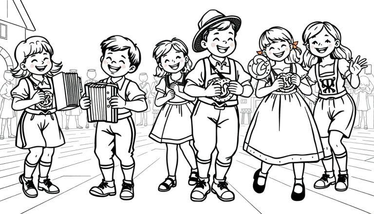Kinder in bayerischer Tracht beim Ausmalen einer Farbtafel.