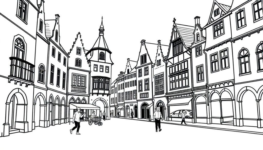 Skizze einer belebten historischen Stadtstraße mit hohen Gebäuden und einem Pferdefuhrwerk.