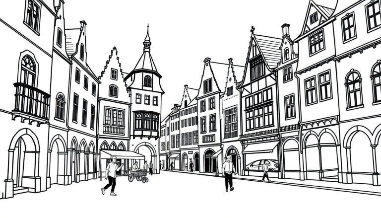 Skizze einer belebten historischen Stadtstraße mit hohen Gebäuden und einem Pferdefuhrwerk.