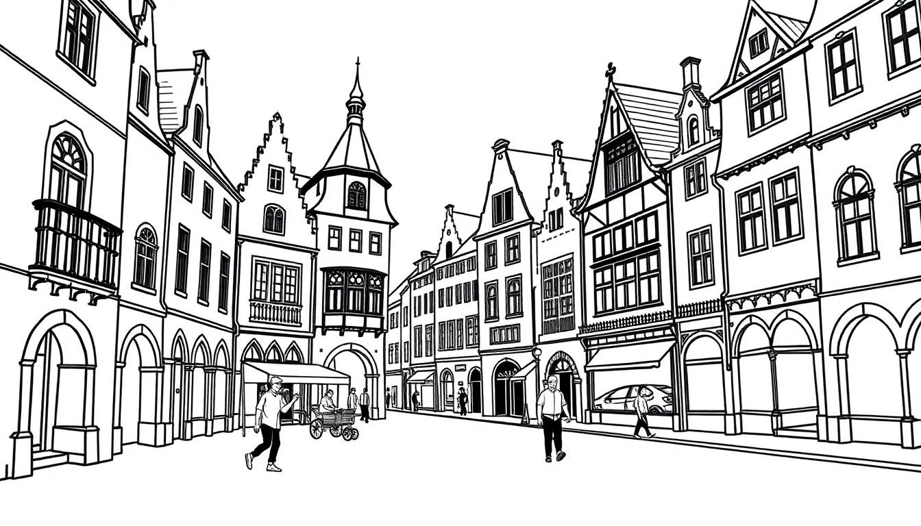 Skizze einer belebten historischen Stadtstraße mit hohen Gebäuden und einem Pferdefuhrwerk.