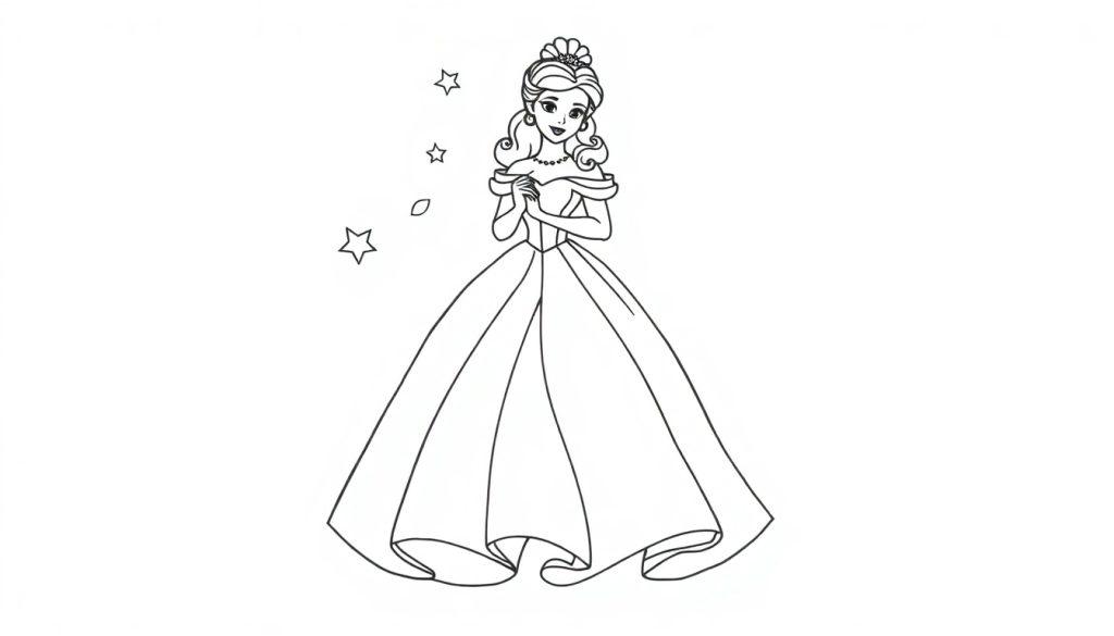 Schwarz-weiße Farbtafel-Umrisszeichnung einer Prinzessin mit Tiara und Ballkleid, Hände vor der Brust, mit drei Sternen daneben.
