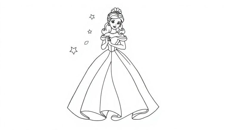 Schwarz-weiße Farbtafel-Umrisszeichnung einer Prinzessin mit Tiara und Ballkleid, Hände vor der Brust, mit drei Sternen daneben.