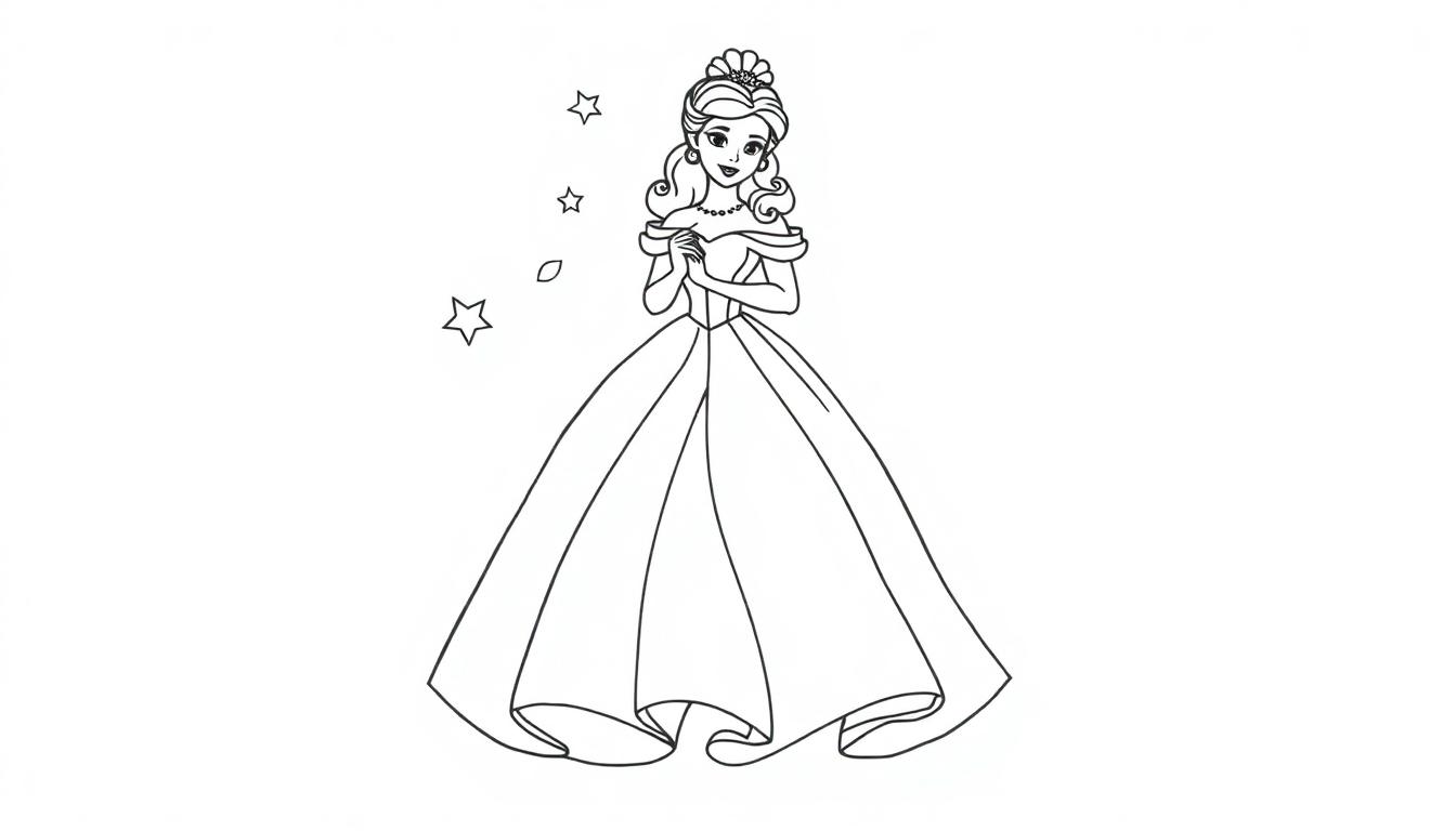 Schwarz-weiße Farbtafel-Umrisszeichnung einer Prinzessin mit Tiara und Ballkleid, Hände vor der Brust, mit drei Sternen daneben.
