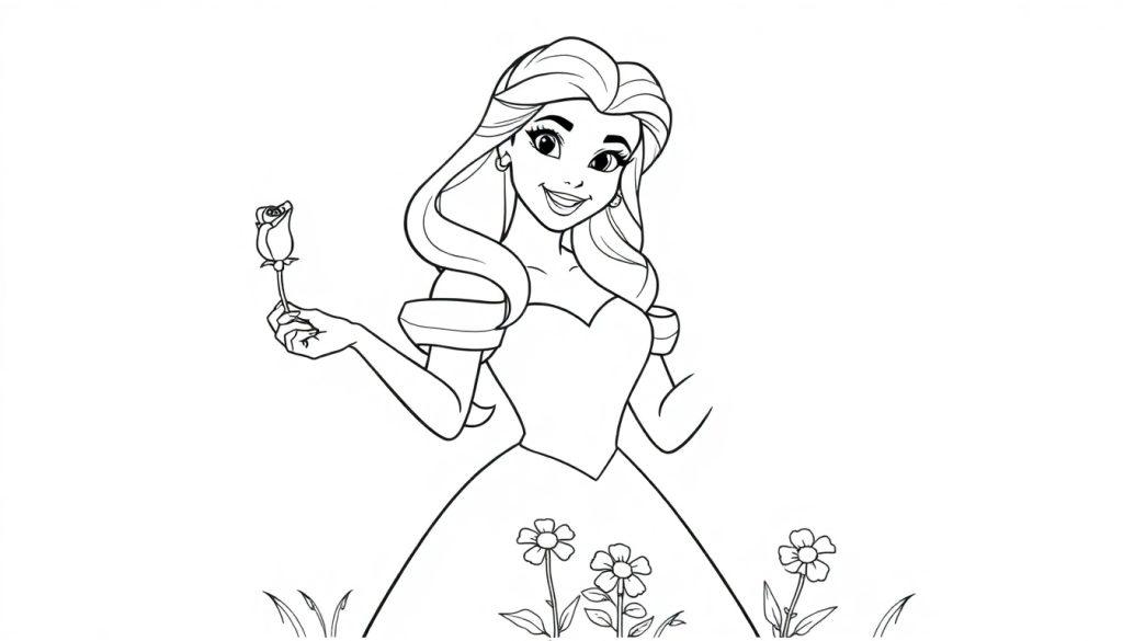 Schwarz-weiße Farbtafel-Illustration einer lächelnden jungen Frau mit langen Haaren, die eine Rose hält.