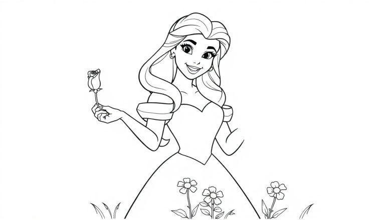 Schwarz-weiße Farbtafel-Illustration einer lächelnden jungen Frau mit langen Haaren, die eine Rose hält.