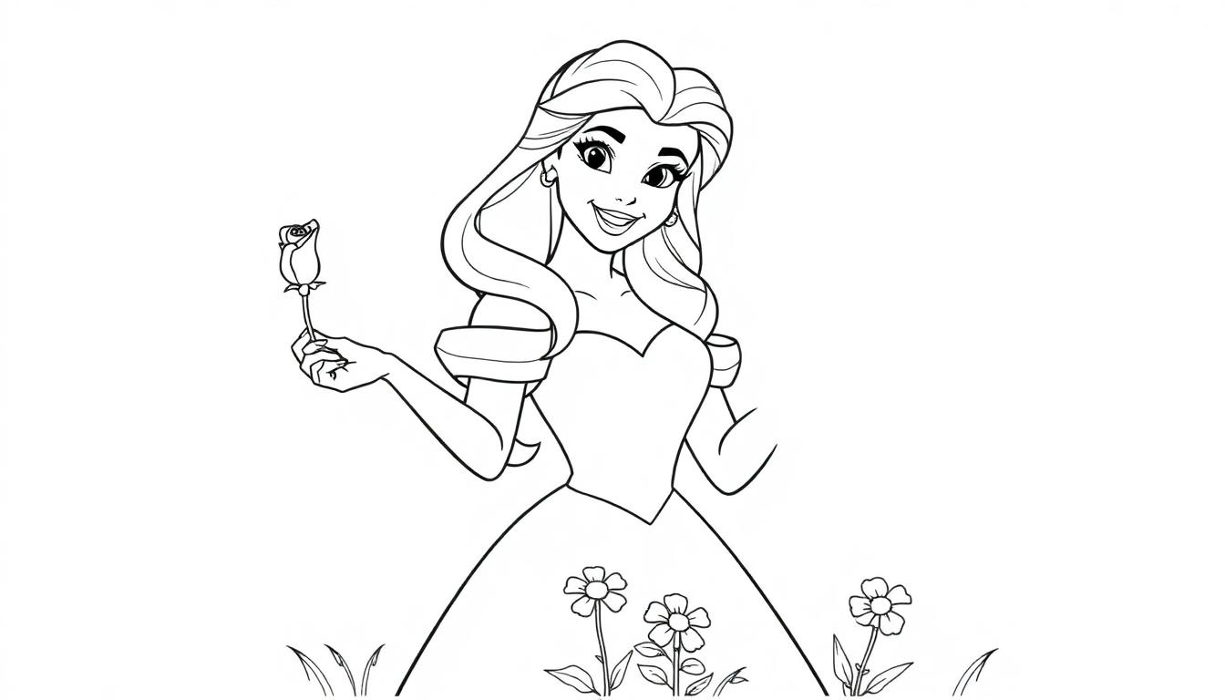 Schwarz-weiße Farbtafel-Illustration einer lächelnden jungen Frau mit langen Haaren, die eine Rose hält.