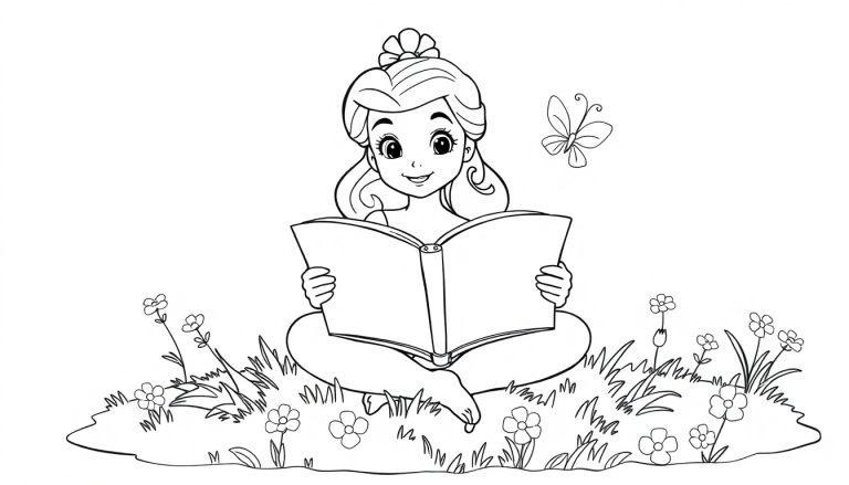 Belle als Prinzessin sitzt in einer Blumenwiese und liest ein Buch, bereit zum Ausmalen, als Farbtafel.