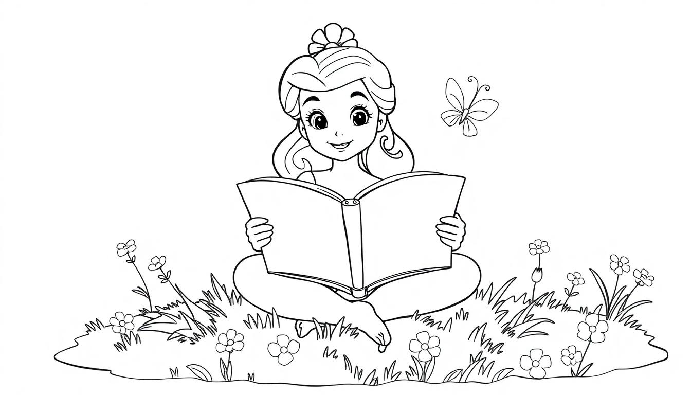Belle als Prinzessin sitzt in einer Blumenwiese und liest ein Buch, bereit zum Ausmalen, als Farbtafel.