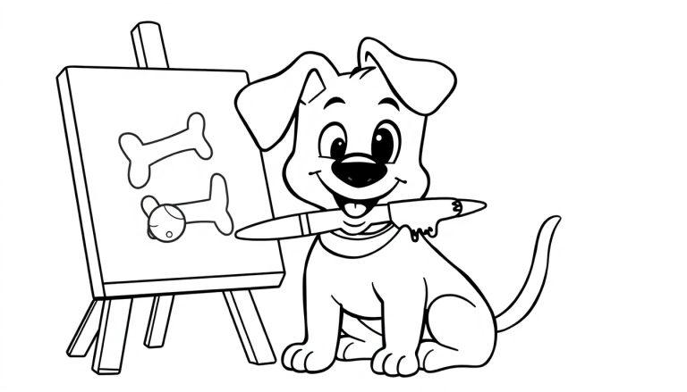 Cartoon-Hund Bentley malt eine Farbtafel mit Hundeknochen.