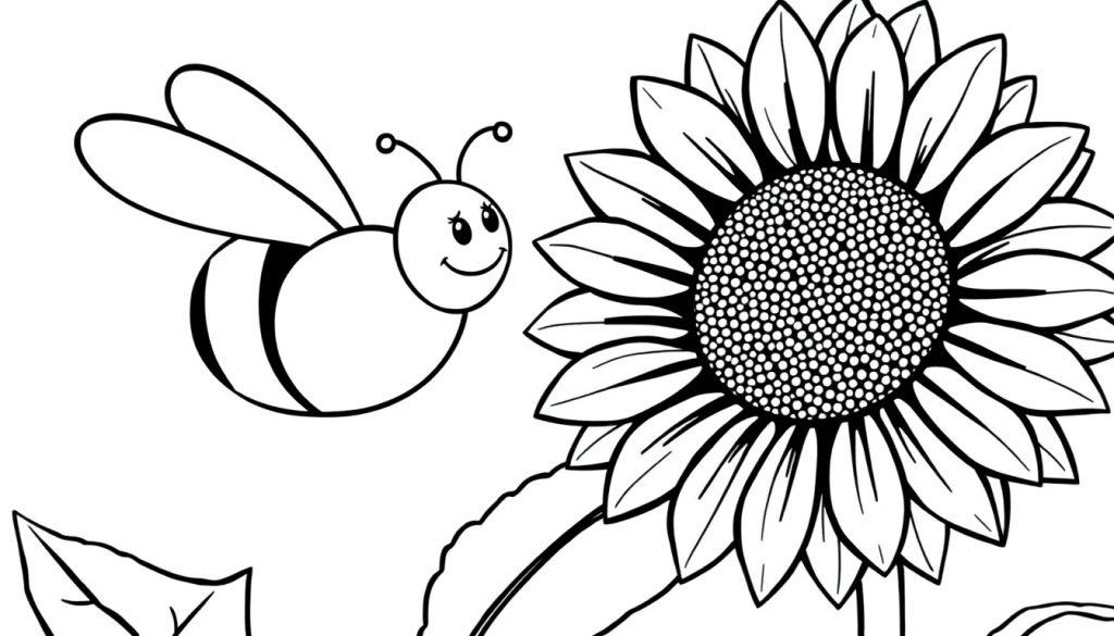 Schwarz-weiße Farbtafel: Eine freundliche Biene fliegt zu einer großen Sonnenblume.
