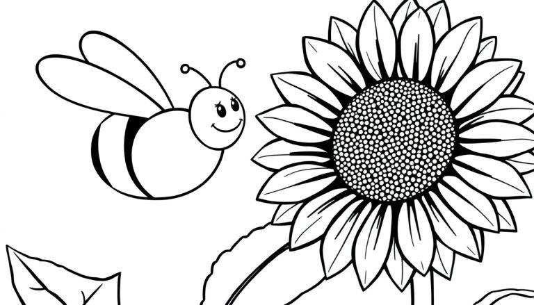 Schwarz-weiße Farbtafel: Eine freundliche Biene fliegt zu einer großen Sonnenblume.