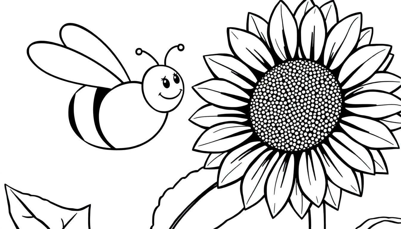 Schwarz-weiße Farbtafel: Eine freundliche Biene fliegt zu einer großen Sonnenblume.