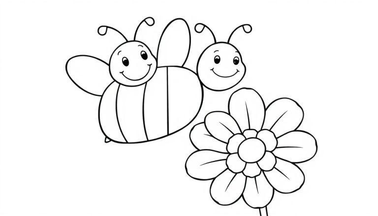 Schwarz-Weiß-Farbtafel einer lächelnden Biene, die über eine Blume fliegt.