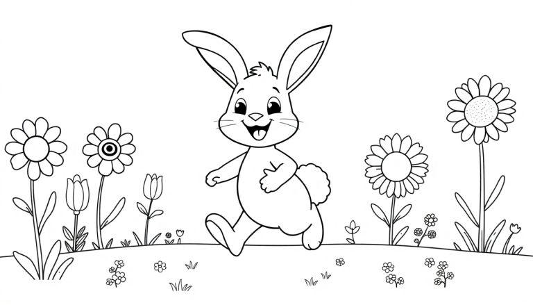 Eine Schwarz-Weiß-Farbtafel eines fröhlichen Hasen, der durch ein Blumenfeld springt, bereit zum Ausmalen.