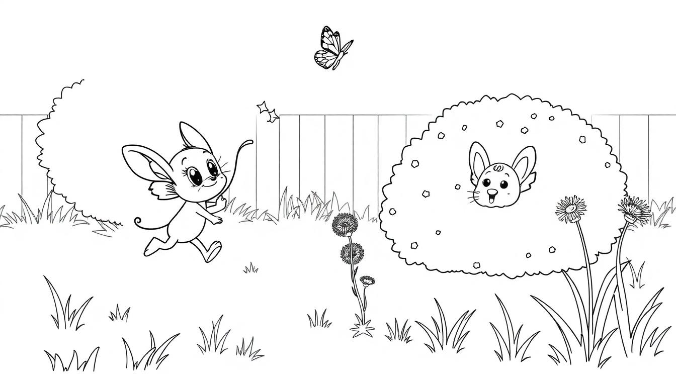 Schwarz-Weiß-Farbtafel: Eine Cartoon-Maus rennt im Garten, während ein Schmetterling über Pusteblumen fliegt und ein Hase aus einem Busch schaut.
