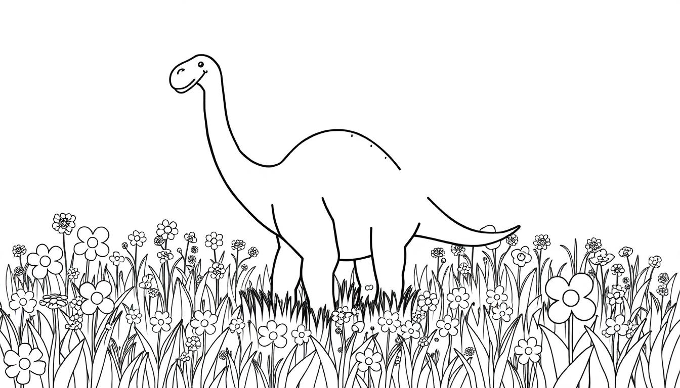 Schwarz-weiße Farbtafel eines lächelnden Brachiosaurus in einer Blumenwiese.