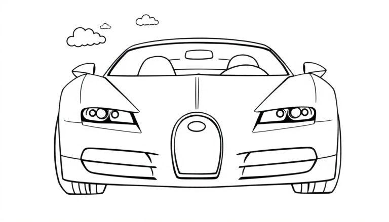 Eine Schwarz-Weiß-Farbtafel eines Bugatti Sportwagens von vorne.