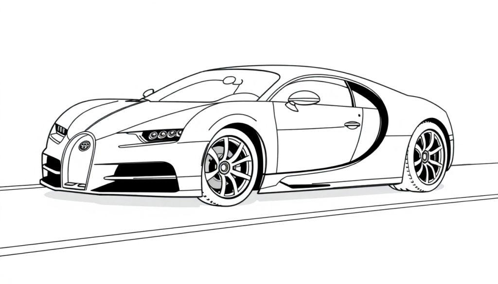 Eine Schwarz-Weiß-Farbtafel eines Bugatti-Sportwagens mit vielen Linien zum Ausmalen.
