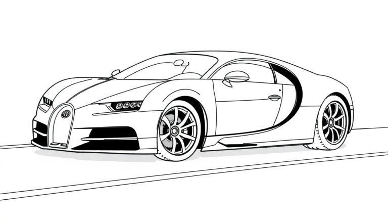 Eine Schwarz-Weiß-Farbtafel eines Bugatti-Sportwagens mit vielen Linien zum Ausmalen.