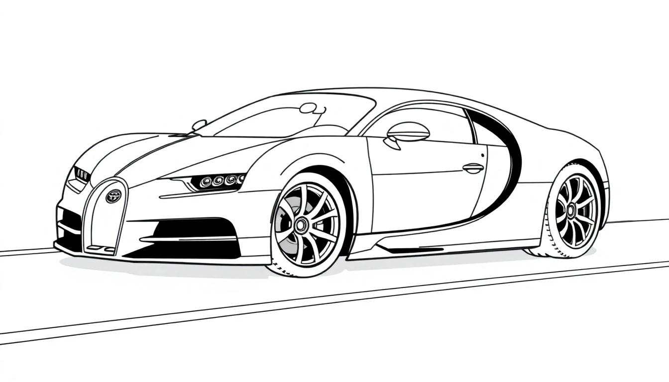 Eine Schwarz-Weiß-Farbtafel eines Bugatti-Sportwagens mit vielen Linien zum Ausmalen.
