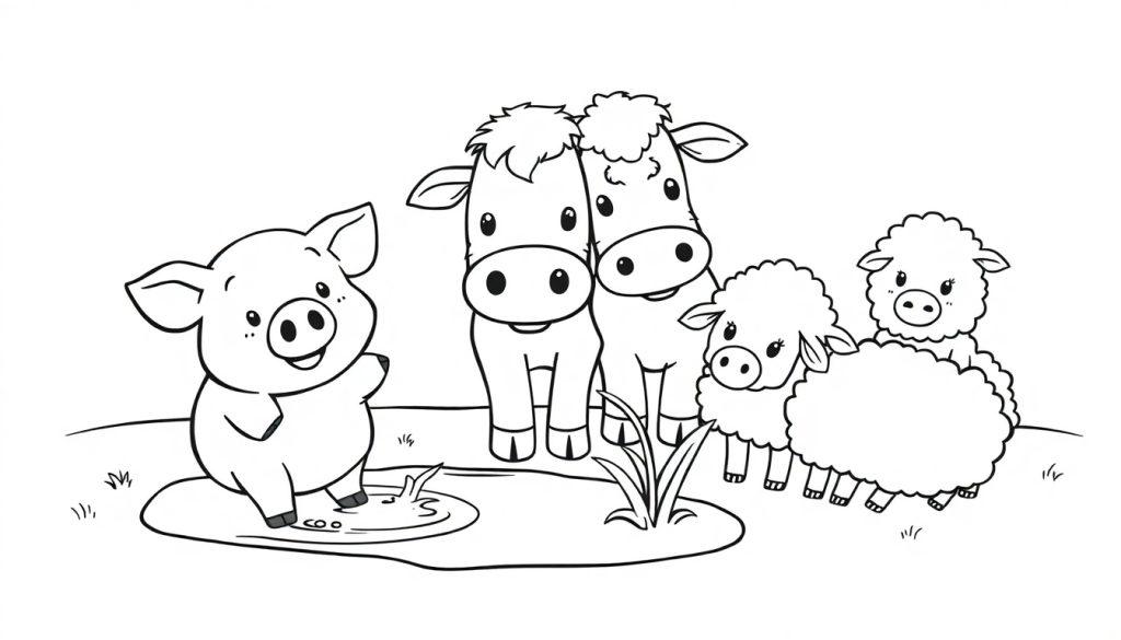Schwarz-weiße Farbtafel-Zeichnung von Bauernhoftieren: ein Schwein in Schlamm, zwei Kühe nebeneinander und drei Schafe, alle im Cartoon-Stil und mit freundlichem Gesichtsausdruck.