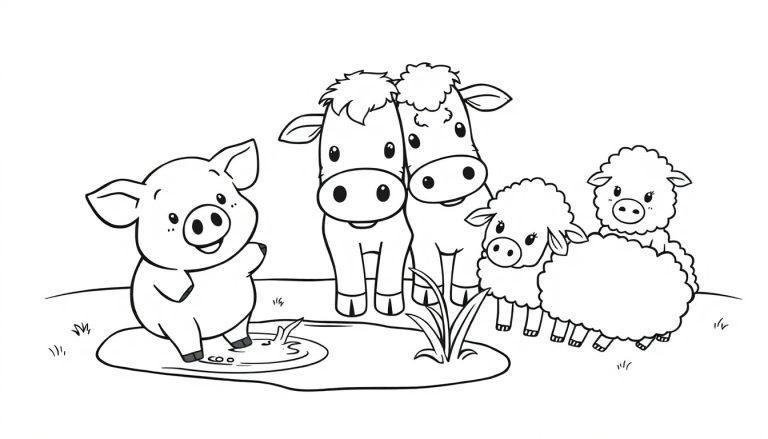 Schwarz-weiße Farbtafel-Zeichnung von Bauernhoftieren: ein Schwein in Schlamm, zwei Kühe nebeneinander und drei Schafe, alle im Cartoon-Stil und mit freundlichem Gesichtsausdruck.