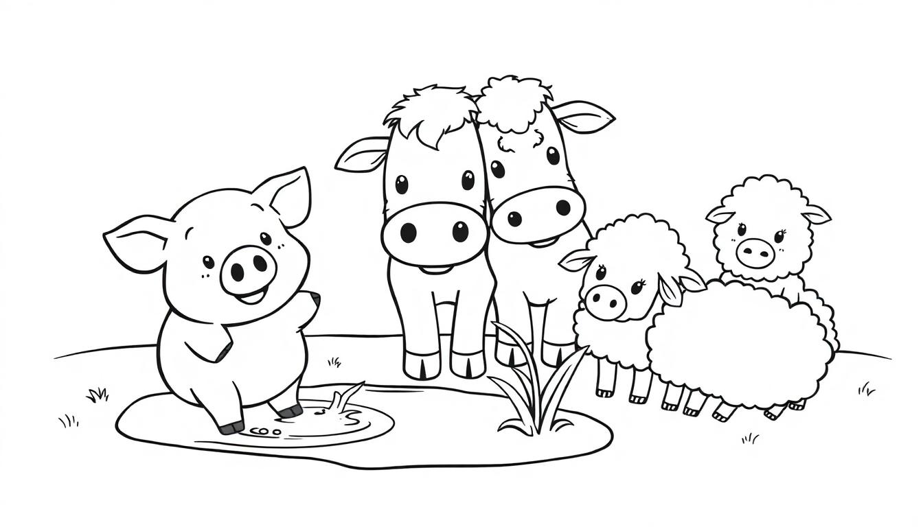 Schwarz-weiße Farbtafel-Zeichnung von Bauernhoftieren: ein Schwein in Schlamm, zwei Kühe nebeneinander und drei Schafe, alle im Cartoon-Stil und mit freundlichem Gesichtsausdruck.