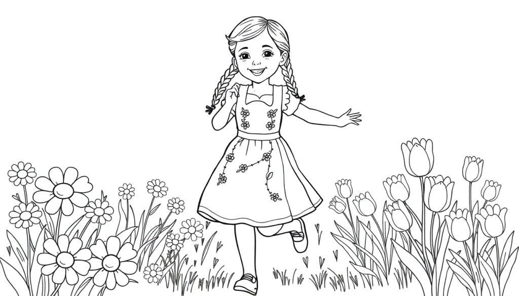 Ein lächelndes Mädchen mit Zöpfen rennt fröhlich durch ein Feld voller bunter Blumen, eine Ausmal-Farbtafel.