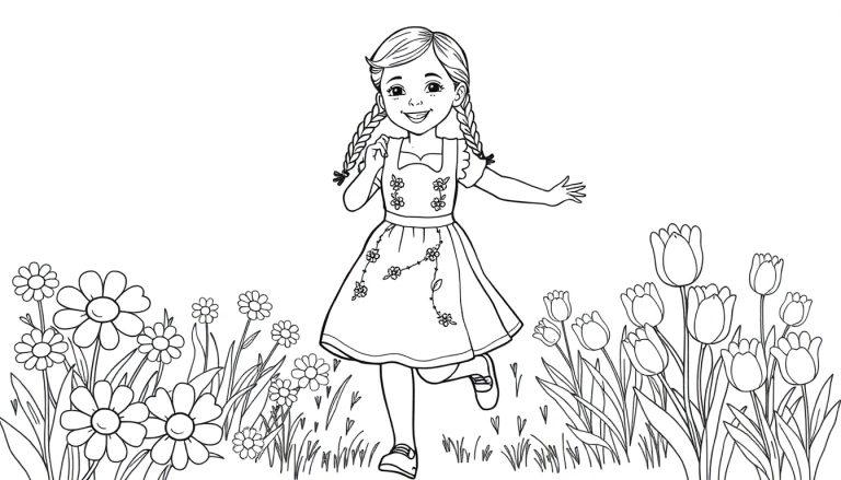 Ein lächelndes Mädchen mit Zöpfen rennt fröhlich durch ein Feld voller bunter Blumen, eine Ausmal-Farbtafel.