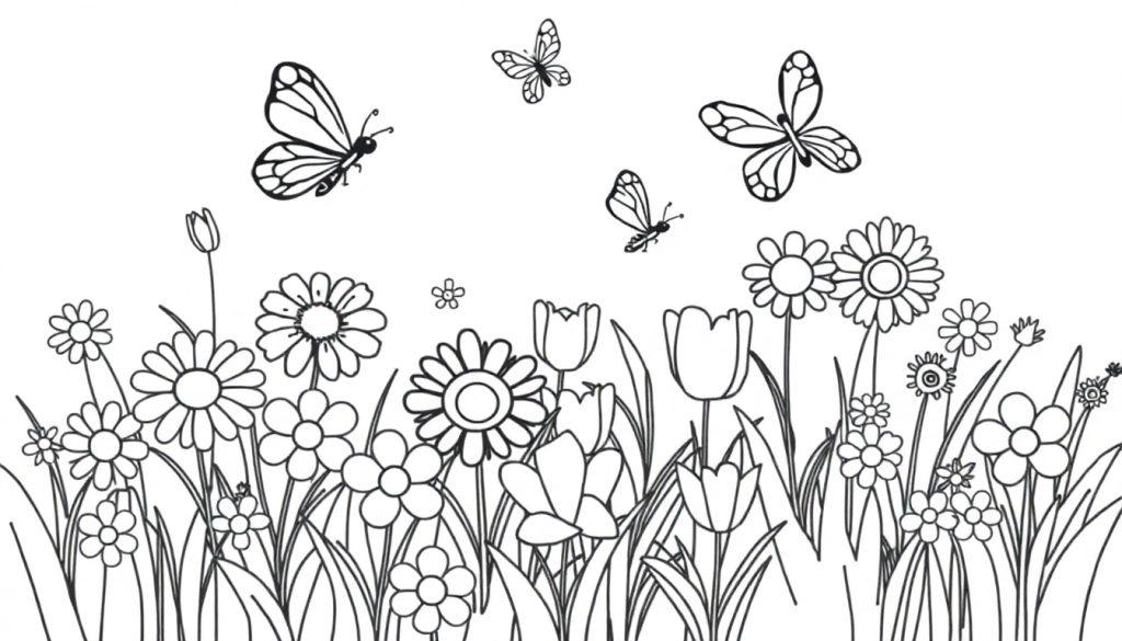 Eine Schwarz-Weiß-Farbtafel einer Blumenwiese mit Schmetterlingen zum Ausmalen.
