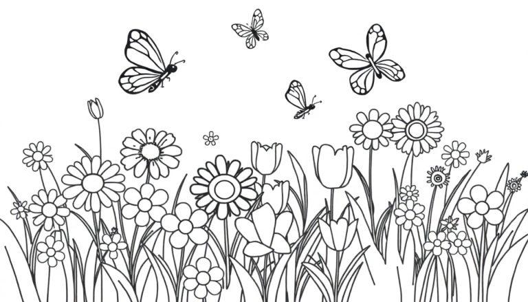 Eine Schwarz-Weiß-Farbtafel einer Blumenwiese mit Schmetterlingen zum Ausmalen.