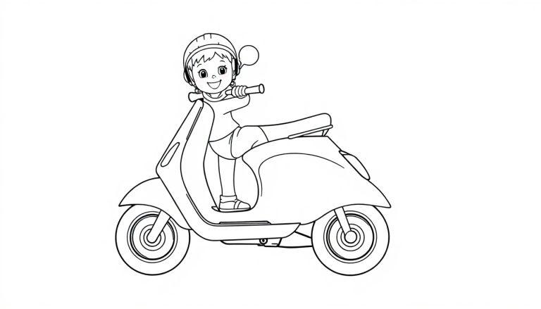 Ein fröhliches Mädchen in einem Helm fährt einen schwarz-weißen Motorroller, bereit zum Ausmalen als Farbtafel.