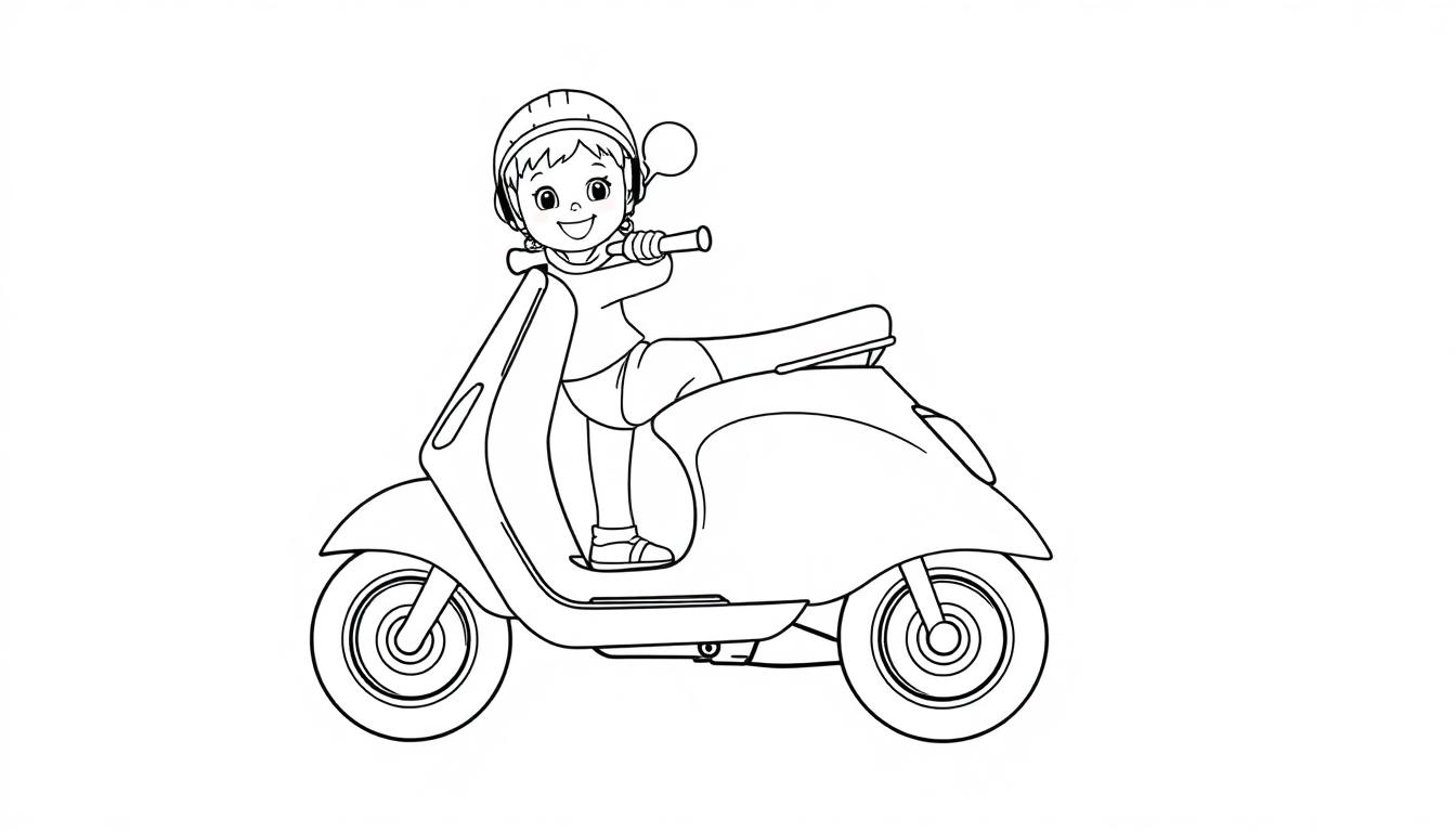 Ein fröhliches Mädchen in einem Helm fährt einen schwarz-weißen Motorroller, bereit zum Ausmalen als Farbtafel.