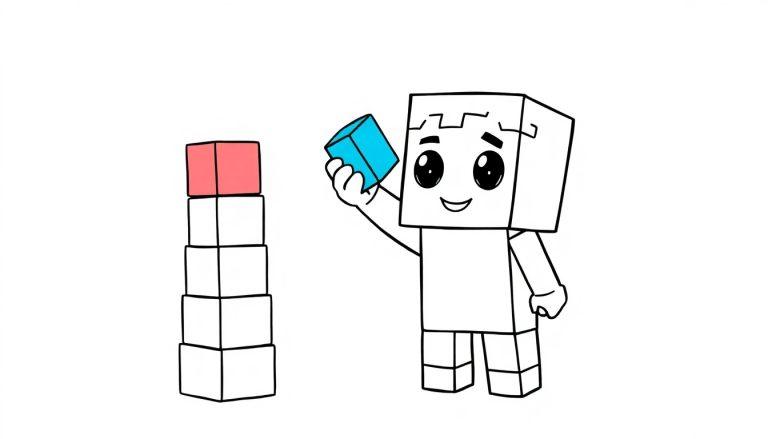 Ein niedlicher Minecraft-Charakter im Blockstil, der mit bunten Blöcken spielt, bereit zum Ausmalen. Diese Farbtafel zeigt einen freundlichen Charakter, der einen blauen Würfel hält, während daneben ein bunter Turm steht.