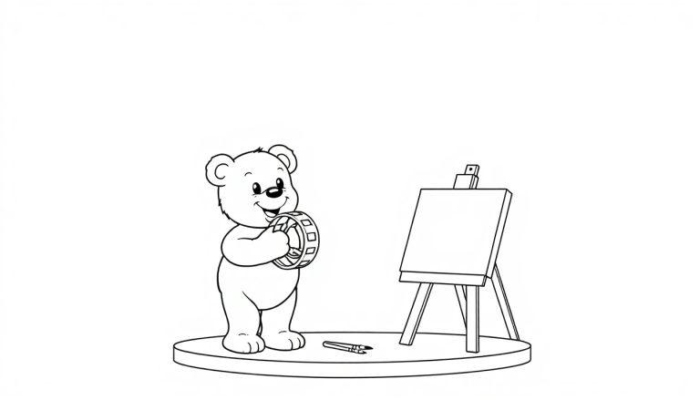 Ein niedlicher Teddybär mit einer Farbtafel und einem Reifen in der Pfote, bereit für ein Schwarz-Weiß-Malabenteuer!