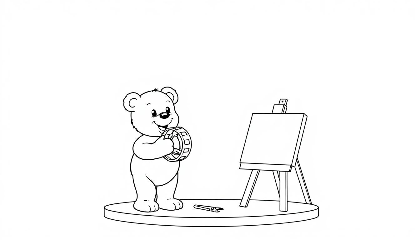 Ein niedlicher Teddybär mit einer Farbtafel und einem Reifen in der Pfote, bereit für ein Schwarz-Weiß-Malabenteuer!
