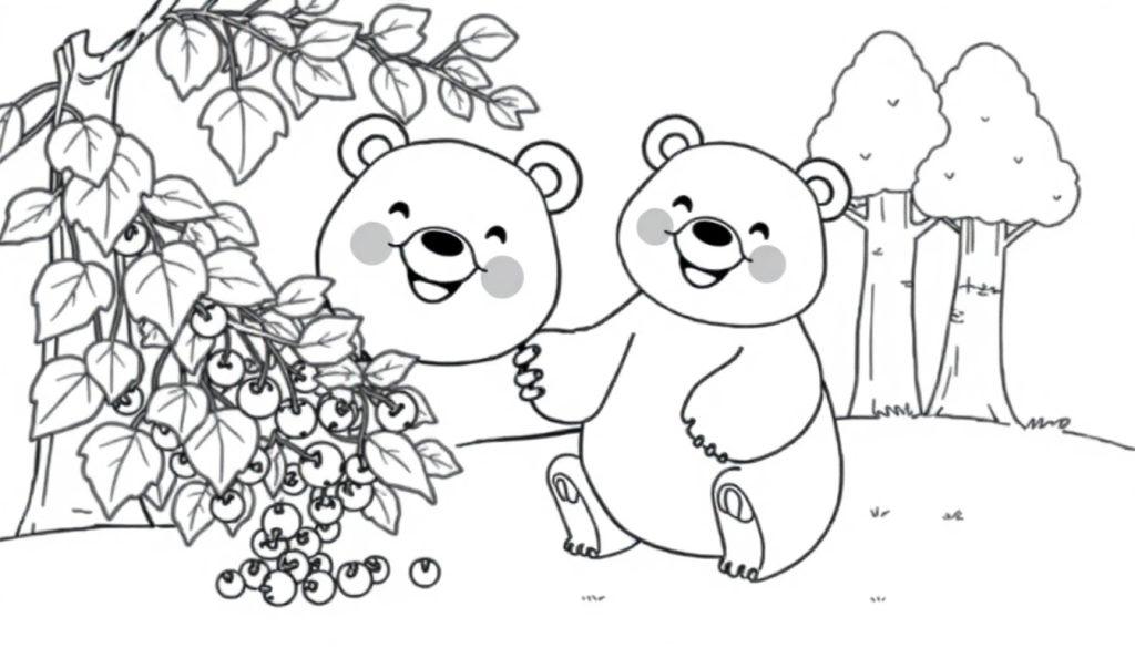 Schwarz-Weiß-Farbtafel: Freundlicher Cartoon-Bär pflückt Beeren im Wald.