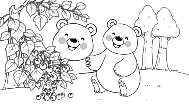 Schwarz-Weiß-Farbtafel: Freundlicher Cartoon-Bär pflückt Beeren im Wald.