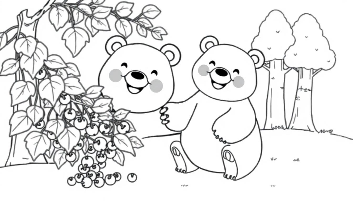 Schwarz-Weiß-Farbtafel: Freundlicher Cartoon-Bär pflückt Beeren im Wald.