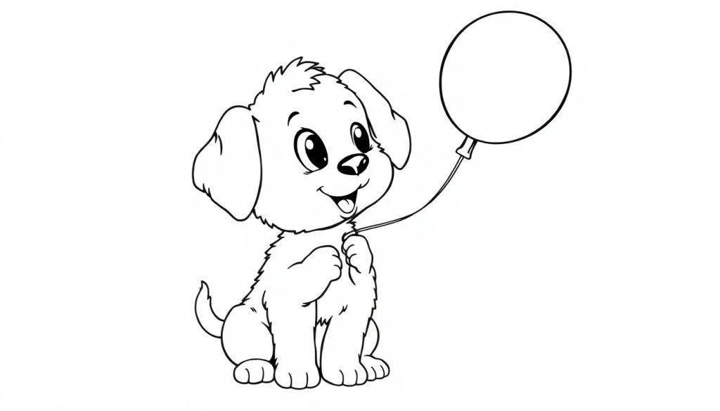 Niedlicher Cartoon-Hund sitzt und hält einen Ballon, bereit zum Ausmalen, eine Farbtafel.