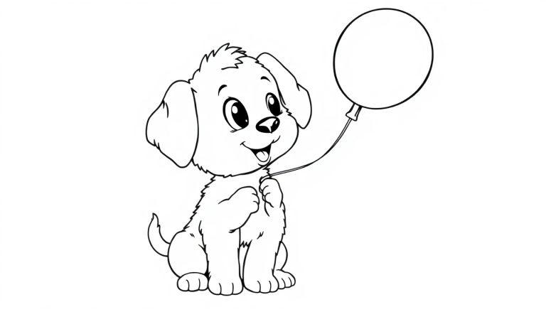 Niedlicher Cartoon-Hund sitzt und hält einen Ballon, bereit zum Ausmalen, eine Farbtafel.