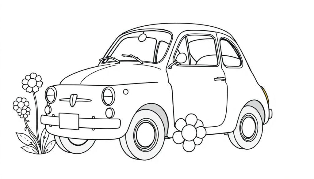 Schwarz-Weiß-Farbtafel eines niedlichen Comic-Fiat 500 mit Gänseblümchen, bereit zum Ausmalen.