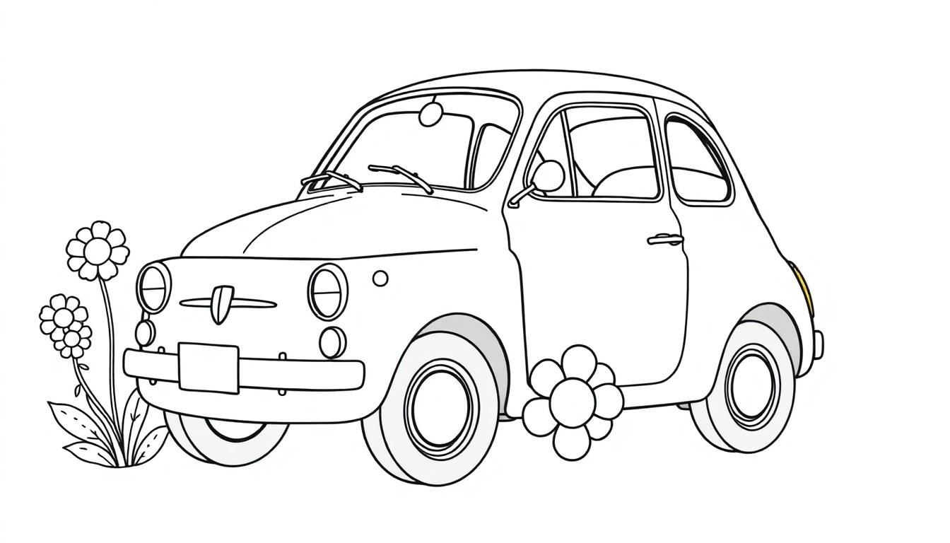 Schwarz-Weiß-Farbtafel eines niedlichen Comic-Fiat 500 mit Gänseblümchen, bereit zum Ausmalen.