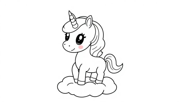 Schwarz-weiße Farbtafel eines niedlichen Chibi-Einhorns auf einer Wolke.