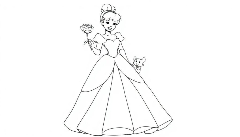 Cinderella in einem Schwarz-Weiß-Ballkleid, mit einer Rose in der Hand und einer Maus hinter ihrem Rock, bereit zum Ausmalen. Farbtafel.