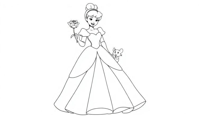 Cinderella in einem Schwarz-Weiß-Ballkleid, mit einer Rose in der Hand und einer Maus hinter ihrem Rock, bereit zum Ausmalen. Farbtafel.