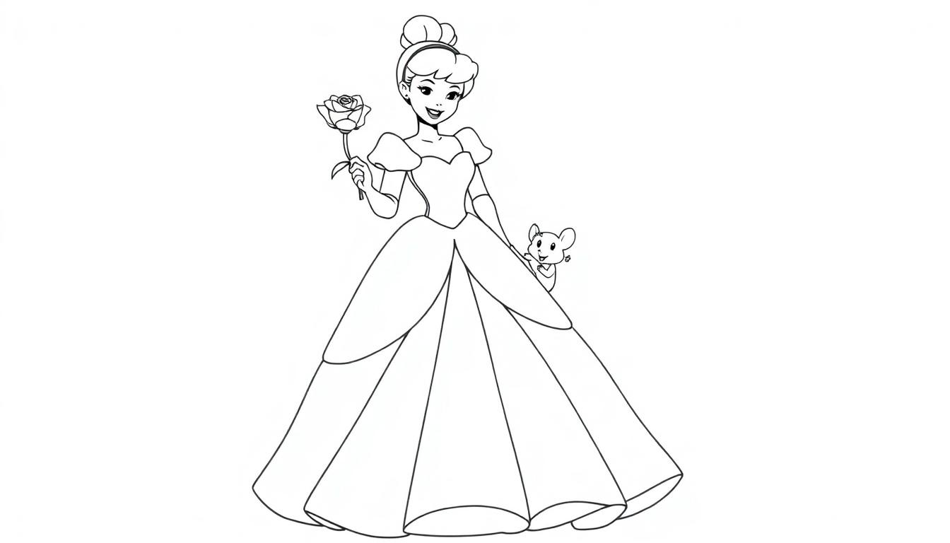 Cinderella in einem Schwarz-Weiß-Ballkleid, mit einer Rose in der Hand und einer Maus hinter ihrem Rock, bereit zum Ausmalen. Farbtafel.