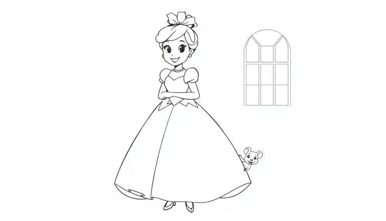Schwarz-weiße Farbtafel-Zeichnung von Cinderella in ihrem Ballkleid mit einem Lächeln und einer Schleife im Haar, daneben ein Fenster und eine Maus.